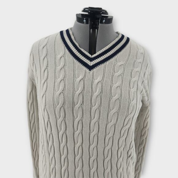 Old Navy Cable Knit Sweater Men's M Tall White Navy Striped V-Neck Preppy Tennis - Picture 2 of 6